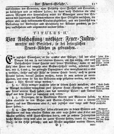 Titulus II. Von Anschaffung nöthiger Feuer-Instrumenten und Geräthes, so bei besorglichen Feuers-Nöthen zu gebrauchen