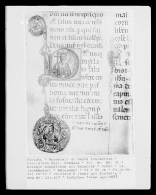 Missale monasticum mit Kalendar — Initiale D (eus) mit Ecclesia, Folio 101 recto