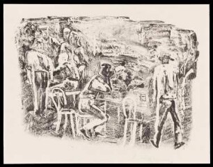 Lithografie des Künstlers Rudi Lesser, Fischerkneipe an der Adria-Küste, 1964