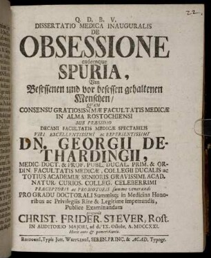 Dissertatio Medica Inauguralis De Obsessione Eademque Spuria
