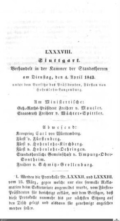 88. Sitzung, Stuttgart, 4.4.1843