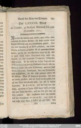 Der LXXXVII. Brief an Dieselbe, zu Rochers, Mittwoch den 9ten September 1671.