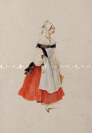 Frau mit rotem Rock, Schürze und weißer Haube - Tafel aus Franceschini/Kostümbilder (Kassette 1)