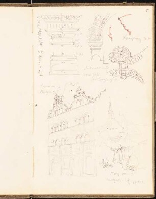 Skizzenbuch 1901: Rathaushof in Konstanz, Details, perspektivische Ansicht der Fassade, unbekannte Stadtansicht