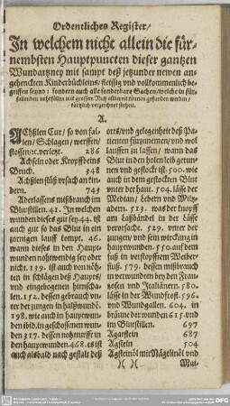 Ordentliches Register, In welchem nicht allein die fürnembsten Hauptpuncten dieser gantzen Wundartzney mit sampt deß jetzunder newen angehenckten Kinderbüchleins