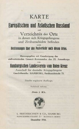 Karte des Russischen Reiches mit Angabe der Gouvernements und Kreise in denen sich Kriegsgefangene und Zivilverschickte befinden