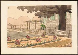 Hausgarten Klingner, Bergisch Gladbach: Perspektivische Ansicht mit Blick auf eine Gartenpartie mit Gemüsebeeten, Mauer, Pergola und Sitzbank (Richtung Osten)