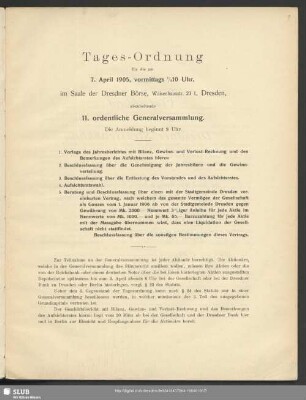 Tages-Ordnung für die am 7. April 1905 ... abzuhaltende 11. ordentliche Generalversammlung