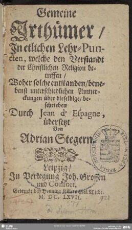 Gemeine Irthümer, in etlichen Lehr-Puncten ... beschrieben