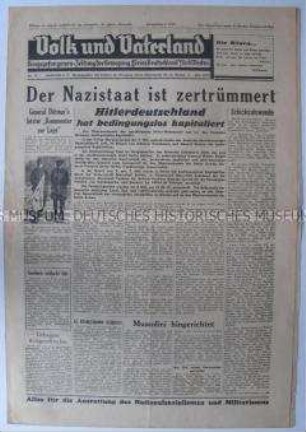 Kriegsgefangenen-Zeitung der Bewegung "Freies Deutschland" für den Westen zur Kapitulation Deutschlands und zur Hinrichtung Mussolinis