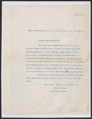 Schreiben an Josef Hoffmann, Wien (Brief)