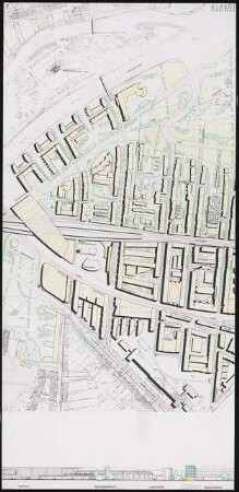 Bahnhofsbereich Potsdam Schinkelwettbewerb 1993: Lageplan (Ausschnitt) 1:1000, Schnitt 1:500