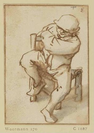 Sitzender Bauer mit Armen auf der Rücklehne des Stuhles