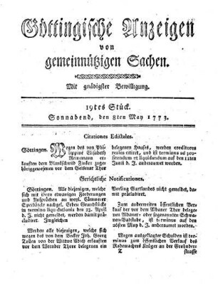 19tes Stück. Sonnabend, den 8ten May 1773.
