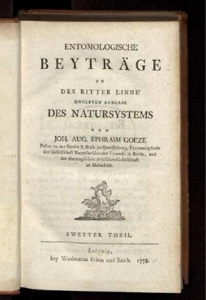 T.  Entomologische Beyträge zu des Ritter Linné zwölften Ausgabe des Natursystems. Th. 2