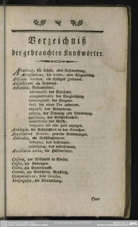 Verzeichniß der gebrauchten Kunstwörter