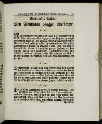Zwanzigster Articul. Von Politischen Sachen überhaupt.