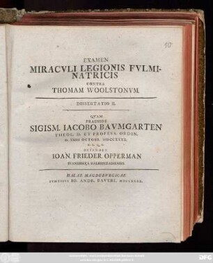 Diss. 2: Examen Miracvli Legionis Fvlminatricis Contra Thomam Woolstonvm Dissertatio ...