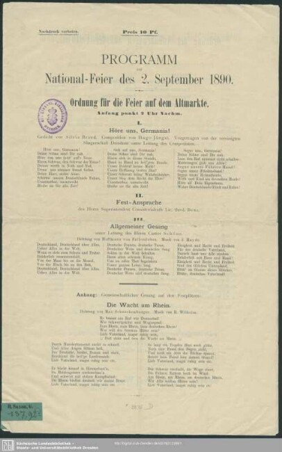 Programm zur Nationalfeier des 2. September 1890 : Ordnung für die Feier auf dem Altmarkte
