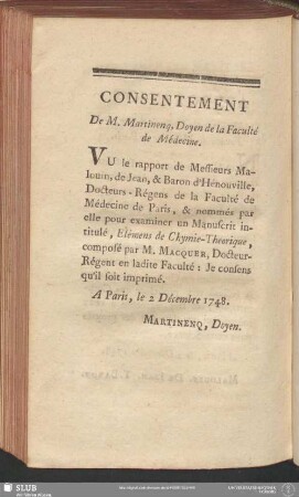 Consentement. De M. Martinenq, Doyen de la Faculté de Médecine