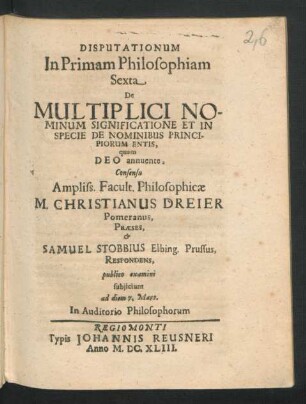 Disputationum In Primam Philosophiam Sexta De Multiplici Nominum Significatione Et In Specie De Nominibus Principiorum Entis