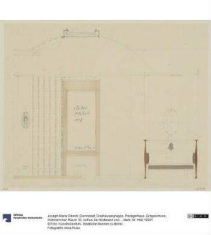 Darmstadt, Dreihäusergruppe, Predigerhaus, Erdgeschoss, Wohnzimmer, Raum 30, Aufriss der Südwand und Grundriss des Erkers