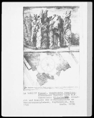Delineatio Montis — Krypten, die sich auf den Seiten des Theaters befinden, Ansicht und Grundriß (heute: Grottenhof) (Tafel 7)