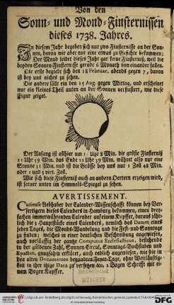 Von den Sonn- und Mond-Finsternissen dieses 1738. Jahres