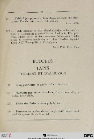 Étoffes tapis d’orient et d’aubusson (Nr. 123-133)