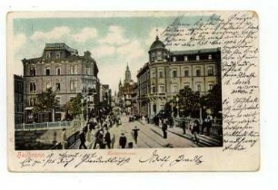 Blick von der Neckarbrücke in die untere Kaiserstraße mit Hauptpost, im Hintergrund der Kiliansturm