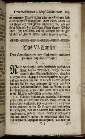 Das VI. Capitel. Von Complimenten bey Gastereyen und dergleichen Zusammenkünften.