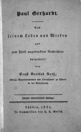 Paul Gerhardt : nach seinem Leben und Wirken aus zum Theil ungedruckten Nachichten