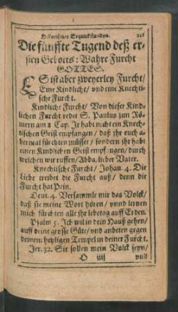 Die fünffte Tugend deß ersten Gebotts: Wahre Furcht Gottes.