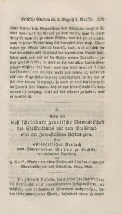 579-616 Ueber die bloß scheinbare genetische Verwandtschaft des Christenthums mit dem Parsismus oder der Zoroastrischen Lichtreligion : ein apologetischer Versuch