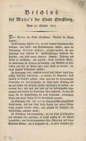 Beschluß des Maire's der Stadt Straßburg, vom 25. Oktober 1815