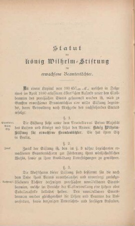 Statut der König Wilhelm-Stiftung für erwachsene Beamtentöchter