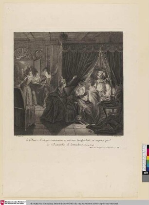 La Dame Rodrigue s'entretenant de nuit avec Don Quichotte, est surprise par les Damoiselles de la Duchesse