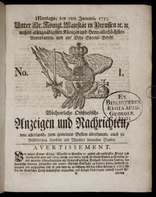 No. 1. Montags, den 1ten Januarii, 1753.
