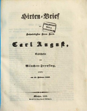 Hirtenbrief. 1852, 13. Febr.