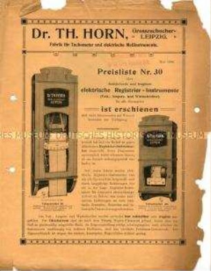 Preisliste Nr. 30 über feststehende und tragbare elektrische Registrier-Instrumente (Volt-, Ampere- und Wattschreiber) für alle Stromarten
