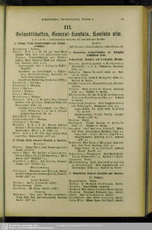III. Gesandtschaften, General-Konsuln, Konsuln, usw.