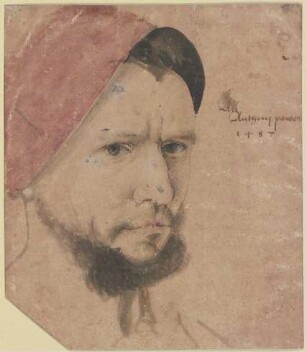 Bildnis eines jungen Mannes mit Bart und roter Mütze