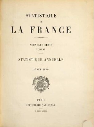 Statistique de la France. Statistique annuelle. 9. 1879 (1882)