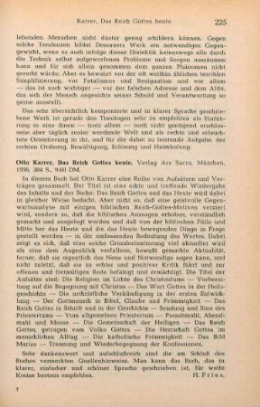 225 [Rezension] Karrer, Otto, Das Reich Gottes heute