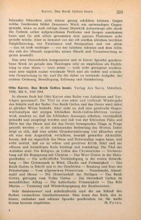 225 [Rezension] Karrer, Otto, Das Reich Gottes heute