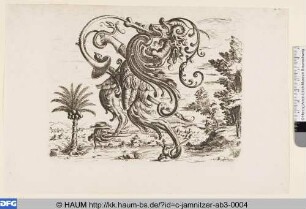 Ungeheuer in Landschaft mit Dattelpalme
