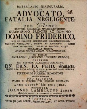 Diss. inaug. de advocato, fatalia negligente