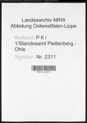Sterberegister Standesamt Plettenberg-Ohle