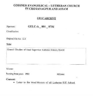 General Circulars of Head Supervisor Lutheran Schools, Ranchi