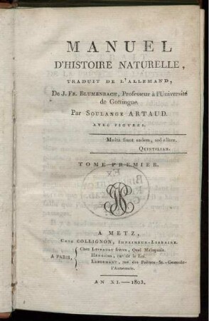 T. 1: Manuel D'Histoire Naturelle. Tome Premier